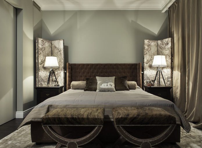 Gray-brown color in the interior of the bedroom Gray-brown color in the interior of the bedroom