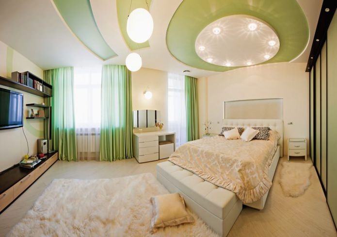 two-level stretch ceiling in the bedroom in white and green two-level stretch ceiling in the bedroom in white and green