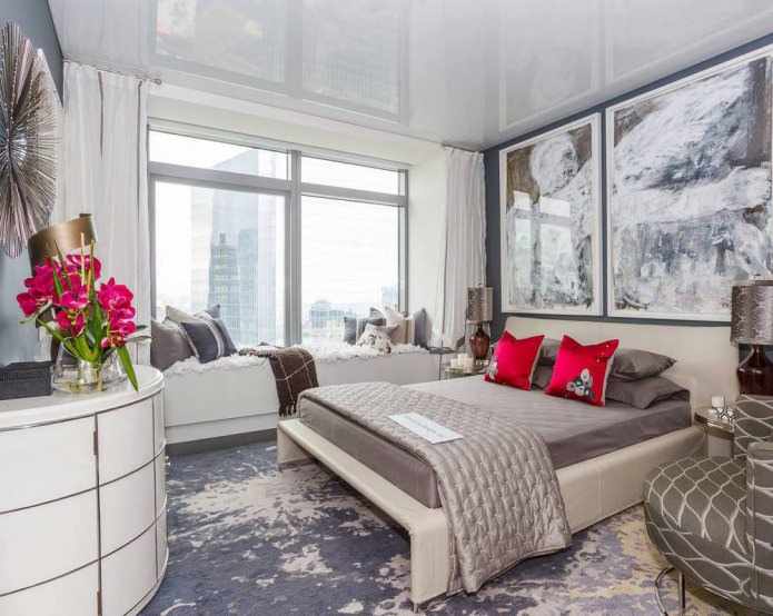 single-level glossy stretch ceiling in the bedroom in white single-level glossy stretch ceiling in the bedroom in white