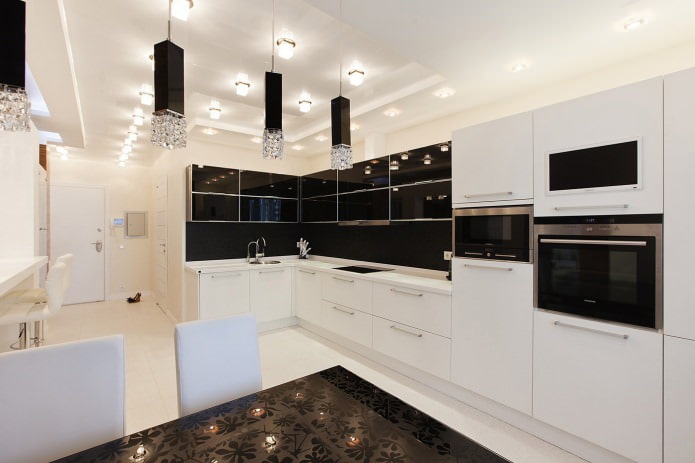 kitchen with black and white set kitchen with black and white set