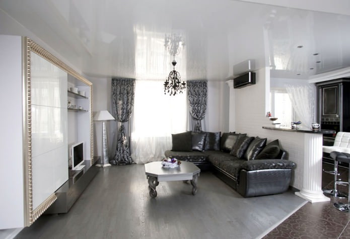 Black and white kitchen-living room interior