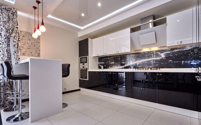 light wallpaper in the interior of the kitchen with a black and white set light wallpaper in the interior of the kitchen with a black and white set