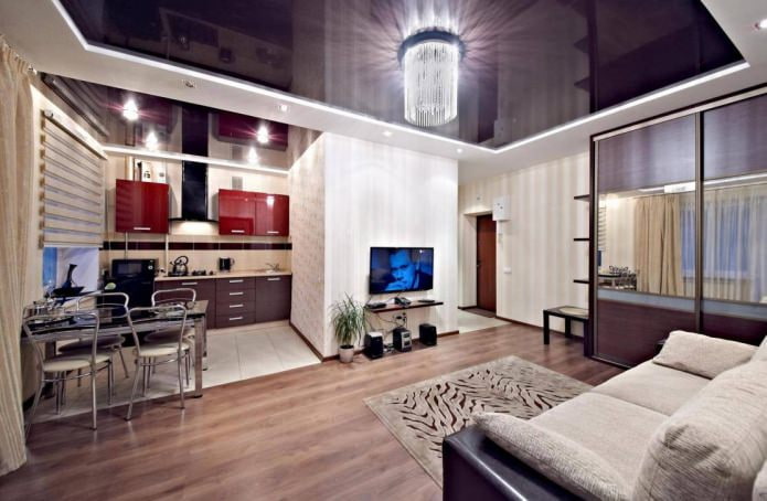 Stretch ceiling in the kitchen-living room