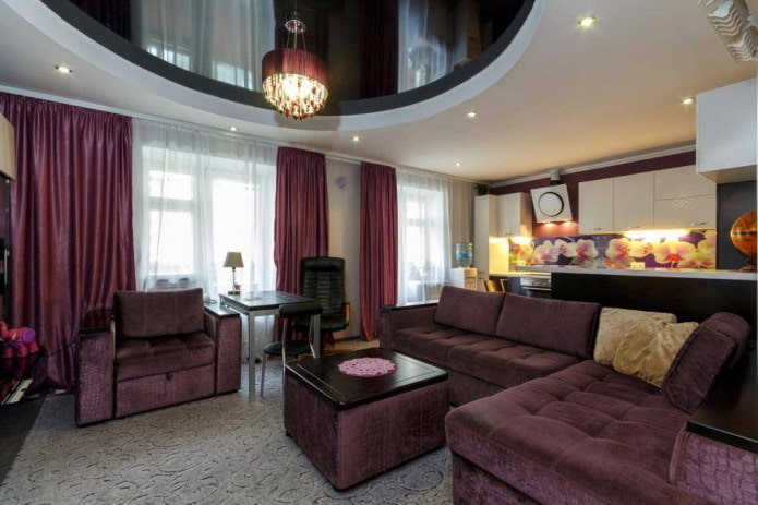 Stretch ceiling in the kitchen-living room