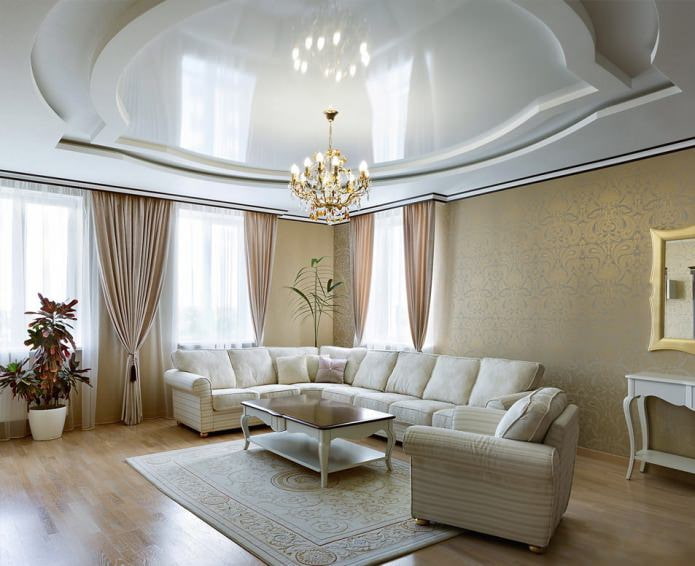 central lighting in the living room with stretch ceilings
