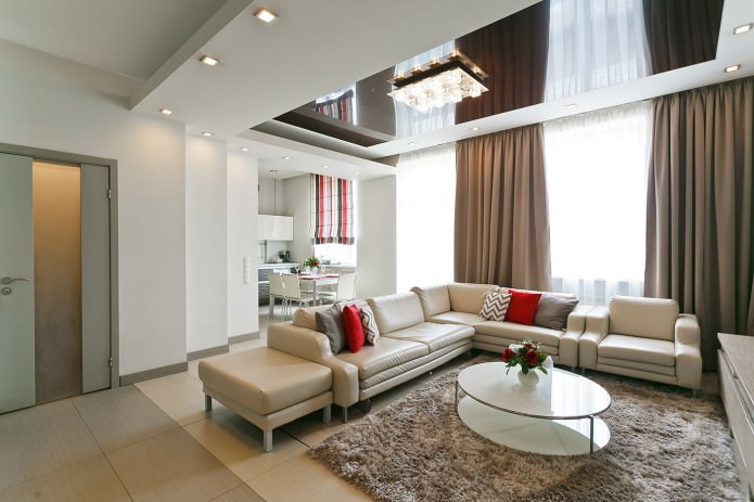 Lighting in the living room with stretch ceilings