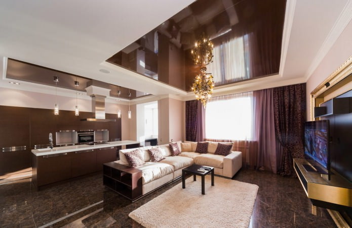 two-level stretch ceiling in the kitchen-living room