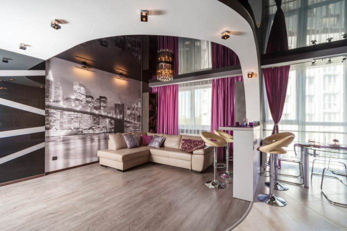 Two-level stretch ceiling in the kitchen-living room