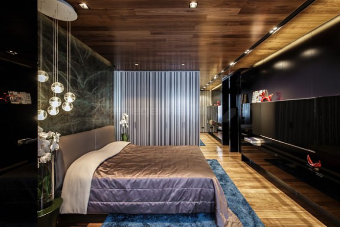 parquet board on the ceiling in the interior of the bedroom parquet board on the ceiling in the interior of the bedroom