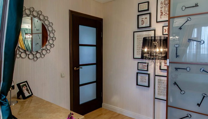 combination of light wallpaper with a dark brown door with glass inserts combination of light wallpaper with a dark brown door with glass inserts