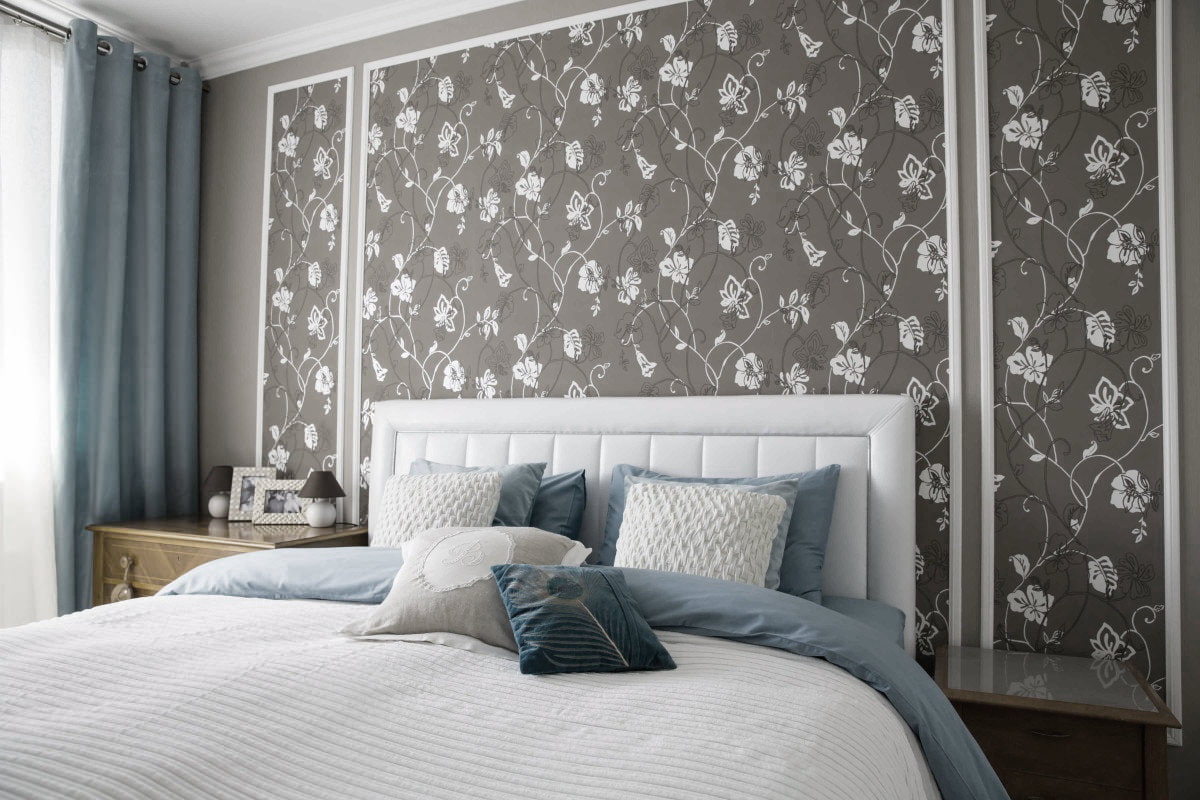 bedroom interior with gray wallpaper