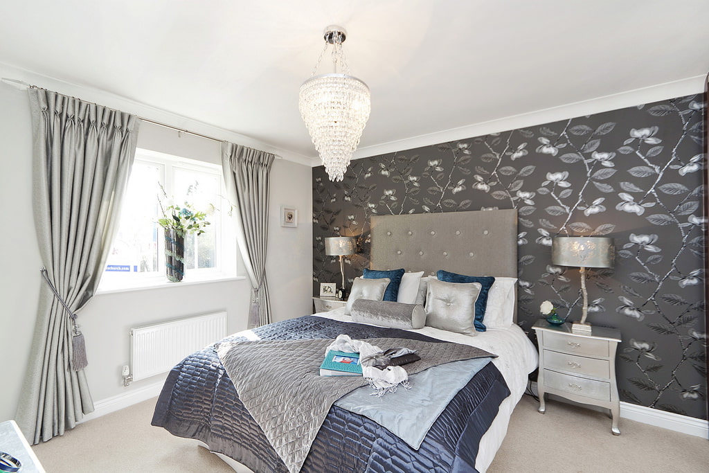 bedroom design with gray wallpaper