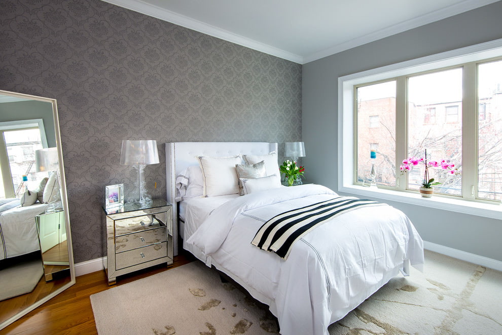 bedroom interior with gray wallpaper