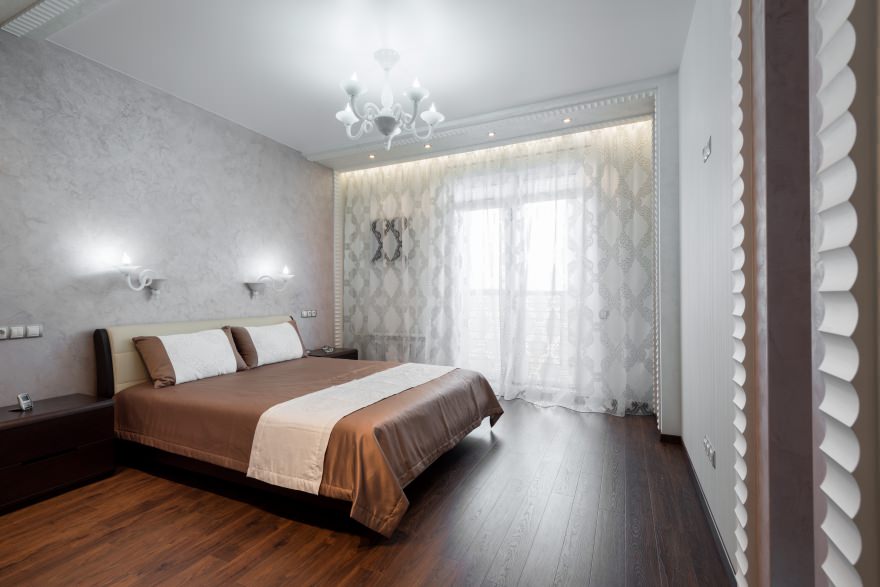 bedroom interior with gray wallpaper