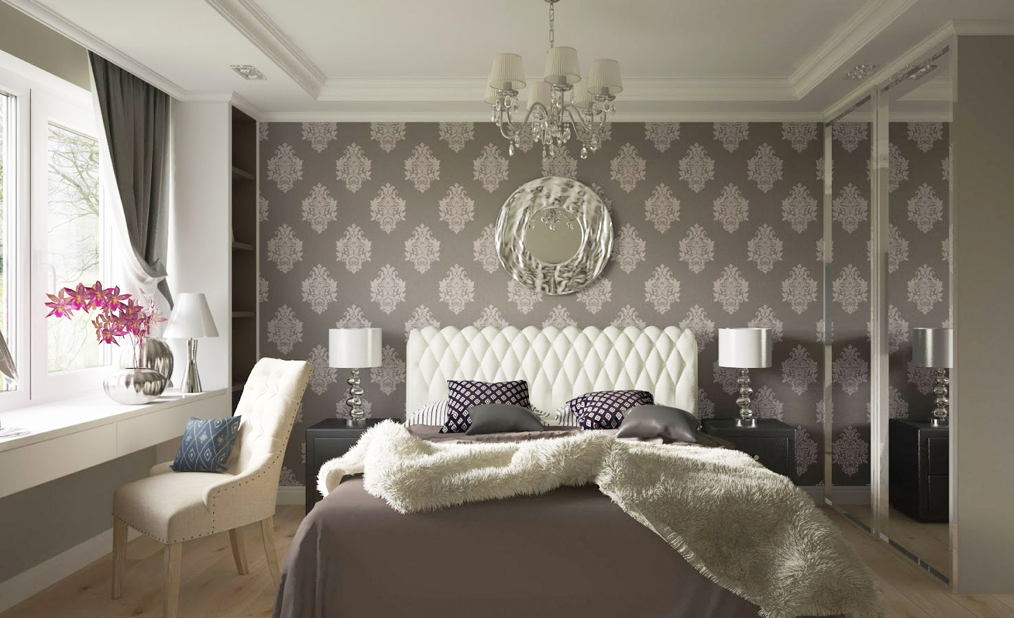 bedroom interior with gray wallpaper