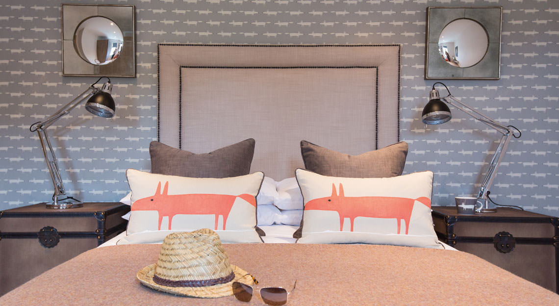 bedroom interior with gray wallpaper