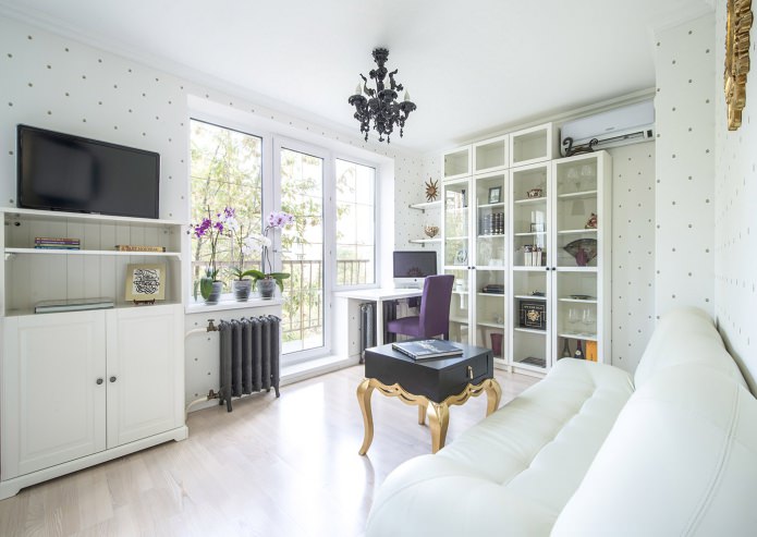 White wallpaper in the interior of the living room in art deco style