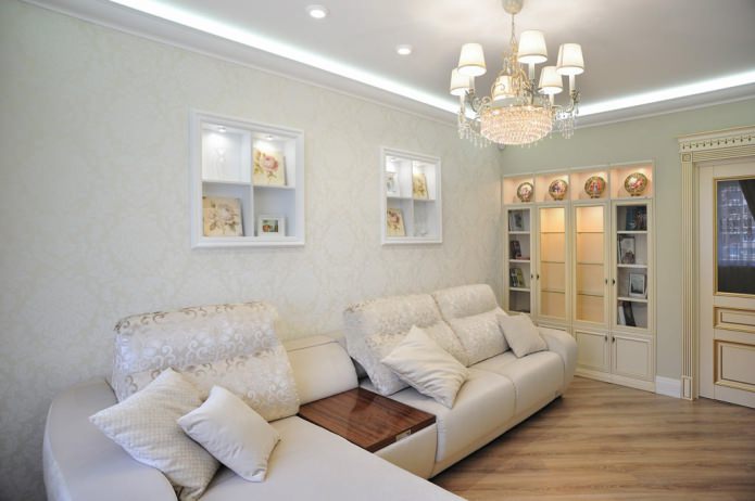 Delicate light beige pattern on white wallpaper