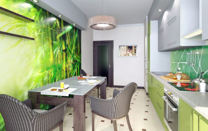 Green wallpaper in the kitchen in a modern style Green wallpaper in the kitchen in a modern style