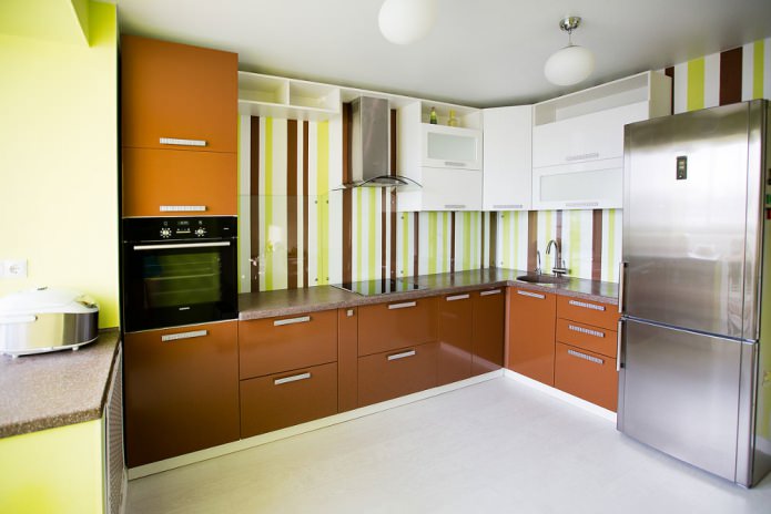 stylish and bright kitchen interior with green striped wallpaper stylish and bright kitchen interior with green striped wallpaper