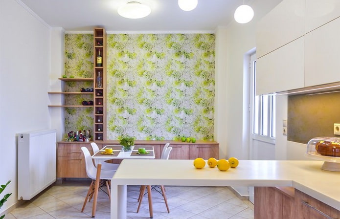 Green wallpaper in the kitchen in a modern style Green wallpaper in the kitchen in a modern style