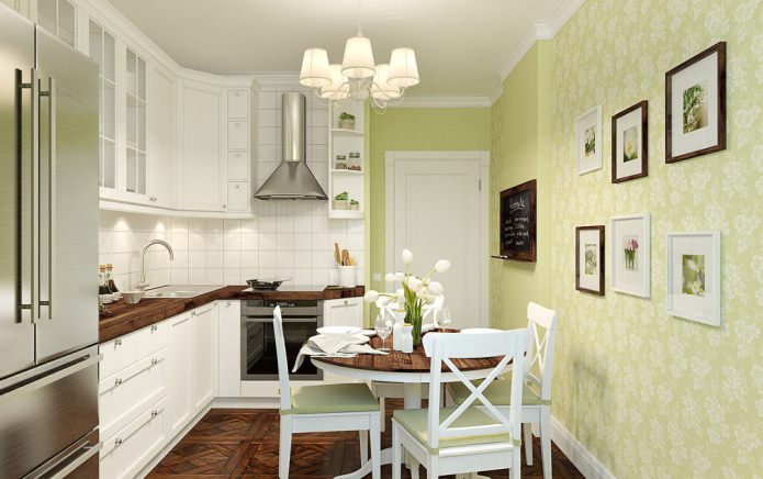 Traditional kitchen design with light green wallpaper Traditional kitchen design with light green wallpaper