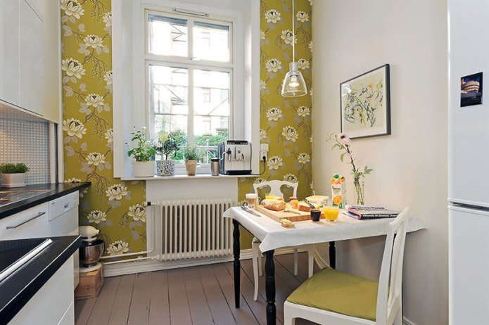 Green Floral Wallpaper in Scandinavian Style Kitchen Design Green floral wallpaper in scandinavian style kitchen design