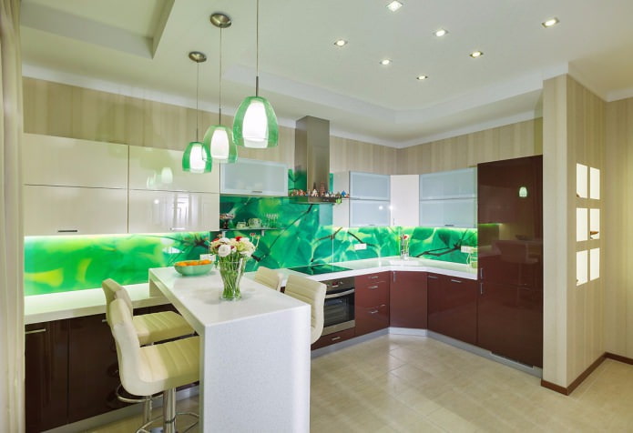green wallpaper in the interior of the kitchen green wallpaper in the interior of the kitchen