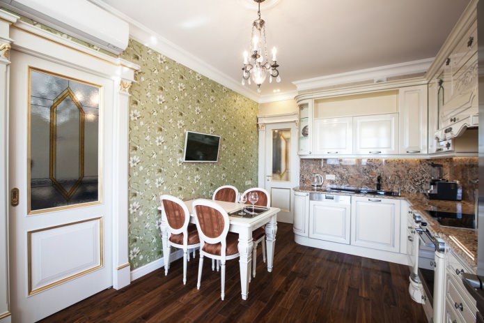 Green wallpaper in the kitchen in a classic style Green wallpaper in the kitchen in a classic style