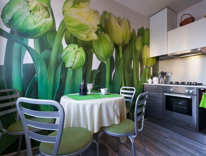 Green wallpaper with the image of tulips in the design of the kitchen Green wallpaper with the image of tulips in the design of the kitchen