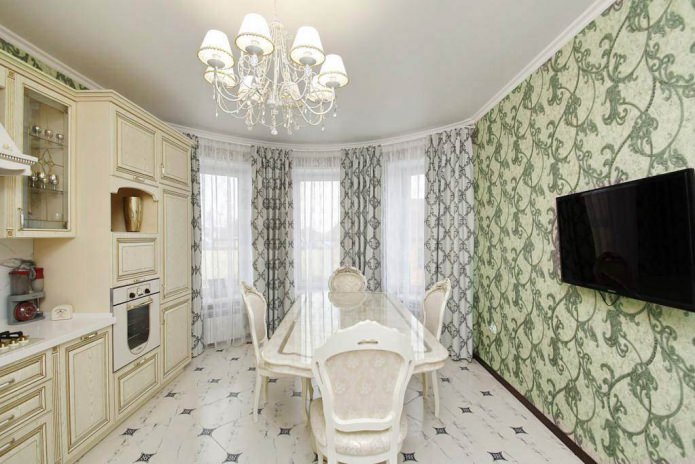 Green wallpaper in the kitchen in a classic style Green wallpaper in the kitchen in a classic style