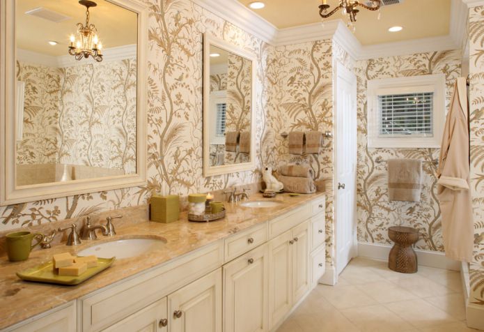 beautiful beige wallpaper in the bathroom