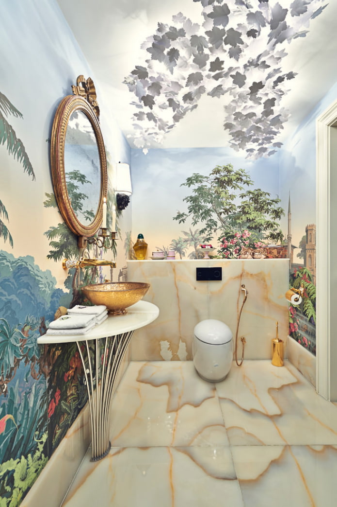 toilet decorated with 3D wallpaper in tropical style