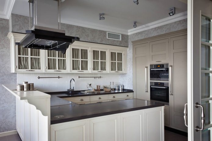 Gray wallpaper in the interior of the kitchen Gray wallpaper in the interior of the kitchen
