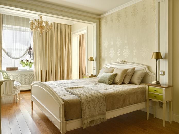 beige wallpaper in a classic bedroom