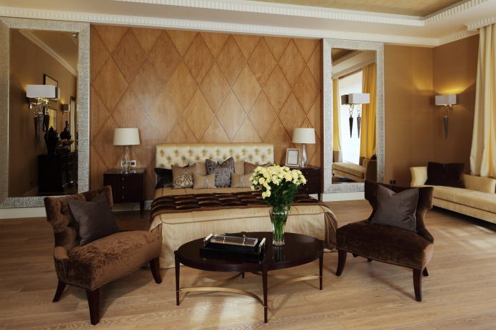 Brown walls with mirrors in the bedroom
