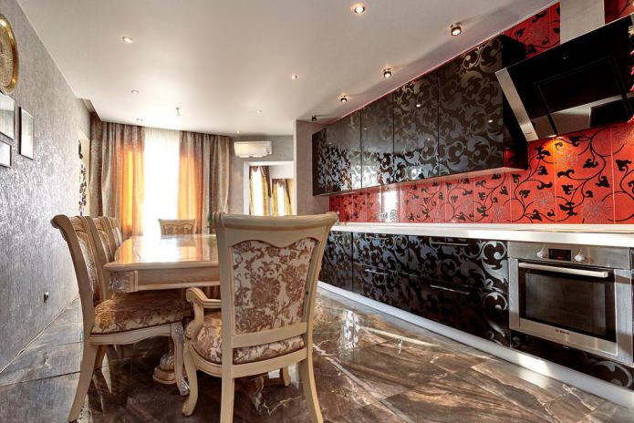 kitchen with black set and metallic wallpaper kitchen with black set and metallic wallpaper