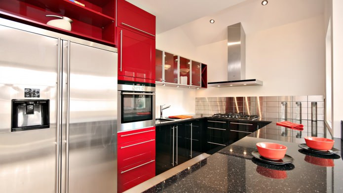 kitchen with black and red set kitchen with black and red set