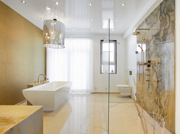 white stretch ceiling structure in the bathroom