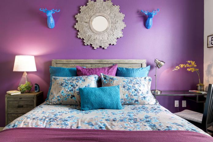 Turquoise and purple in the interior of the bedroom Turquoise and purple in the interior of the bedroom