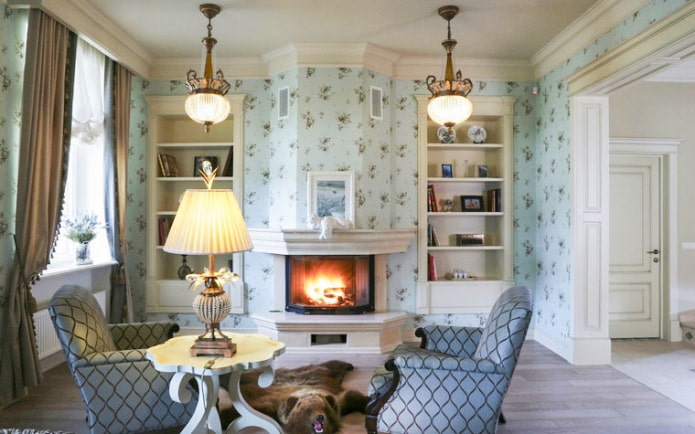 classic english interior with blue wallpaper in small flowers classic english interior with blue wallpaper in small flowers