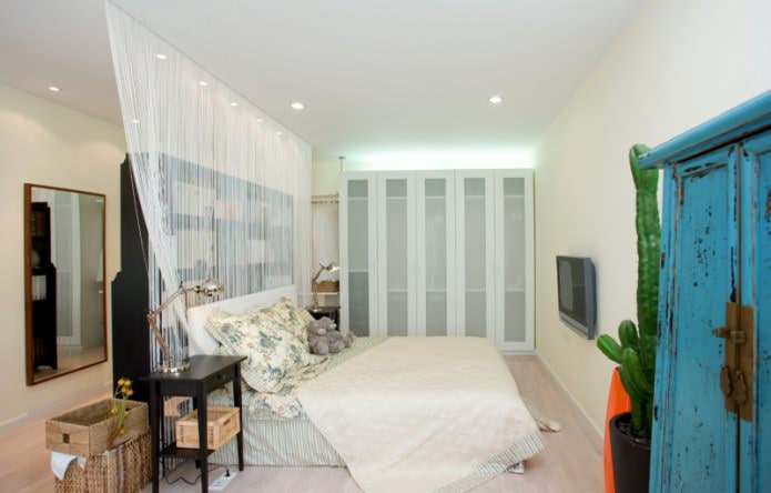 Bedroom with white filament curtains Bedroom with white filament curtains