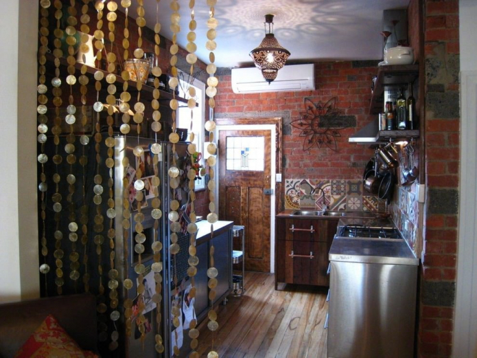 design of filament curtains in the interior of the kitchen