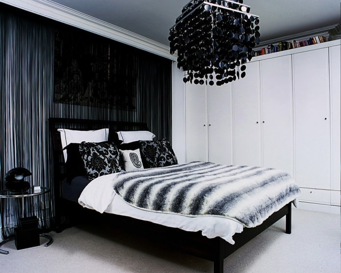 Bedroom with black filament curtains Bedroom with black filament curtains