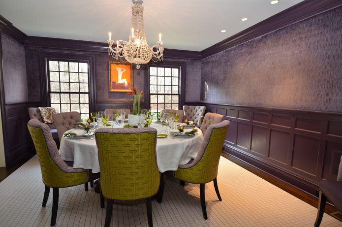 dining room with dark purple wallpaper and green-lilac chairs dining room with dark purple wallpaper and green-lilac chairs