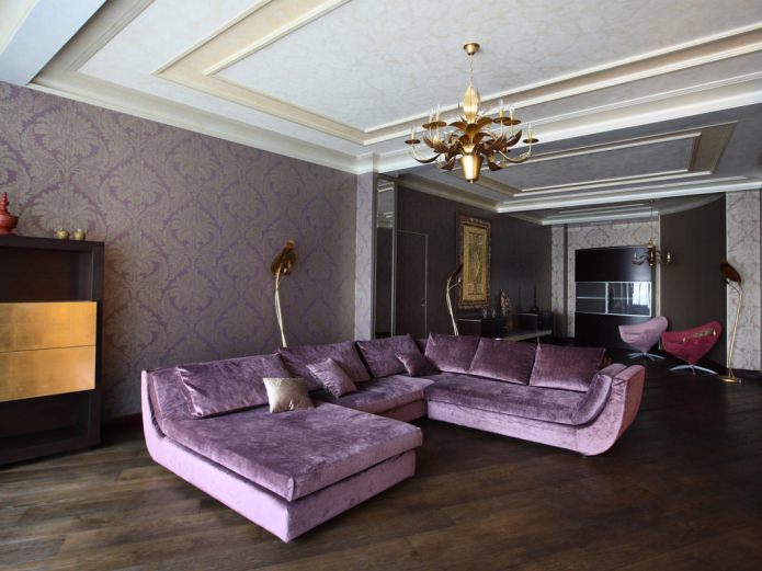 living room with purple sofa and wallpaper living room with purple sofa and wallpaper