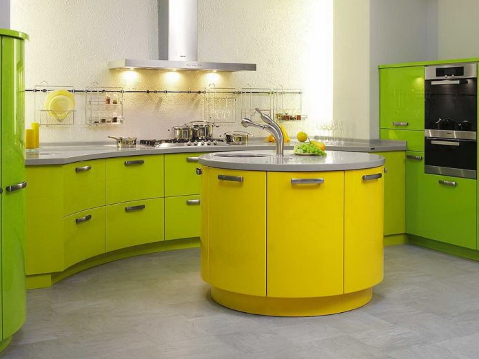 Yellow-green facade of kitchen furniture Yellow-green facade of kitchen furniture