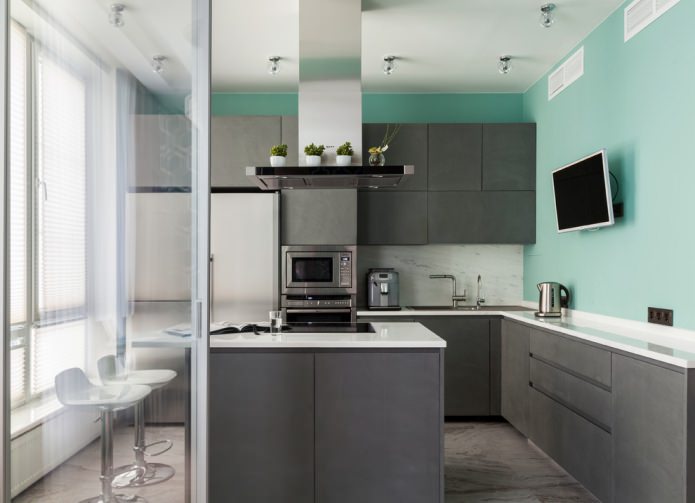 gray set and mint walls