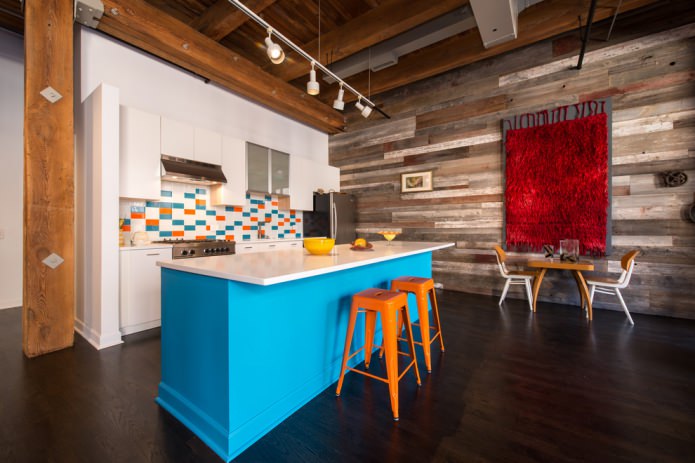 Parquet on the wall in the kitchen