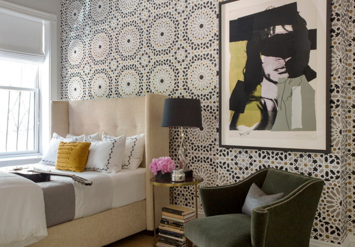 patterned wallpaper in the bedroom